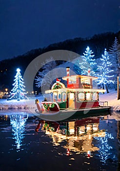 Christmas Lights On A Paddleboat, Docked On A Snowy Lakeshore. Generative AI