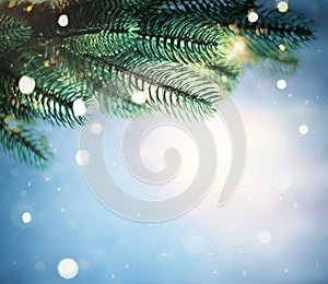 Christmas lights and pine branches and snow. Winter. Christmas. Blue festive winter background