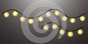 Christmas lights. Realistic yellow garlands. Light bulbs for wide poster or greeting card. Luminous elements for holiday