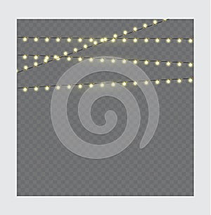 Christmas Lights on Rope isolated on a transparent background. Christmas glowing garland.