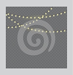 Christmas Lights on Rope isolated on a transparent background. Christmas glowing garland. Vector.