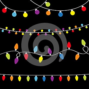 Christmas lights set. Holiday festive xmas decoration. Four lightbulb glowing garland. Colorful string fairy light Rainbow color.