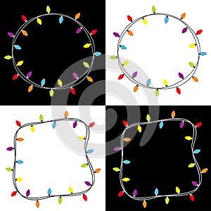 Christmas lights square and round frame set. Colorful string fairy light set. Holiday festive xmas decoration. Lightbulb glowing