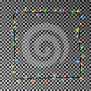 Christmas lights square vector, light frame isolated. Xmas light border effect. Vector illustration