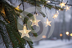 Christmas lights stars string hanging on fir branches photo