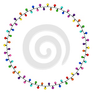 Christmas lights string circle frame. Round wreath illustration with copy space. Ring shape garland festive border isolated on