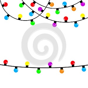 Christmas lights string. Colorful fairy light set. Holiday festive xmas decoration. Lightbulb glowing garland. Round cone shape.