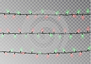 Christmas lights string isolated. Realistic garland decoration. Festive design elements. Glowing lig