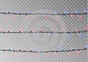 Christmas lights string isolated. Realistic garland decoration. Festive design elements. Glowing lig