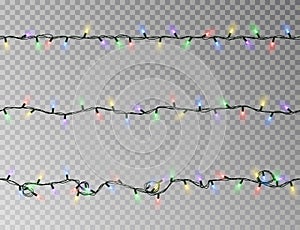Christmas lights string seamless vector. Transparent color effect decoration isolated. Realistic Chr