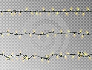 Christmas lights string seamless vector. Transparent color effect decoration isolated. Realistic Chr