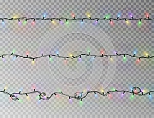 Christmas lights string seamless vector. Transparent color effect decoration isolated. Realistic Chr