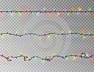 Christmas lights string seamless vector. Transparent color effect decoration isolated. Realistic Chr