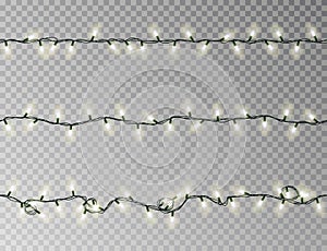 Christmas lights string seamless vector. Transparent white effect decoration isolated. Realistic Chr