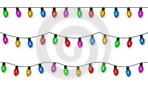 Christmas lights string vector, color garland set isolated on white. Garland balls seamless. Hanging