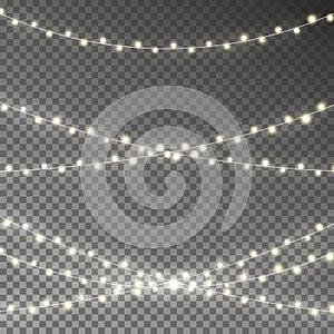 Christmas lights string vector. Glowing Xmas white garland isolated . Vector illustration.