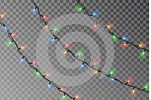 Christmas lights string vector. Transparent effect decoration isolated on background. Realistic Christmas color garland vector.