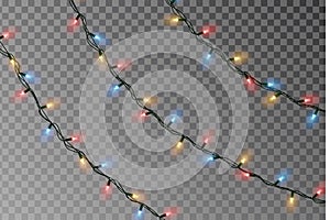 Christmas lights string vector. Transparent effect decoration isolated on background. Realistic Christmas color garland vector.