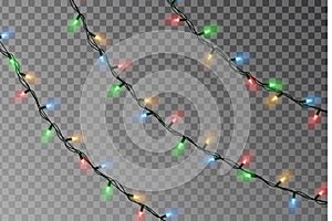 Christmas lights string vector. Transparent effect decoration isolated on background. Realistic Christmas color garland vector.