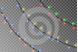 Christmas lights string vector. Transparent effect decoration isolated on background. Realistic Christmas color garland vector.