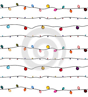 Christmas lights on string for Xmas Holiday cards, banners, posters, web design. Garlands decoration pattern. Colorful
