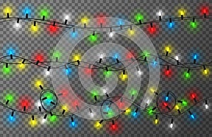 Christmas lights on transparent background. Colorful, bright and glowing Christmas garland. New Year decoration