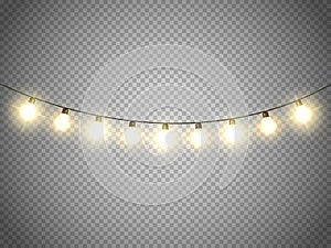 Christmas lights on transparent background. Vector xmas glowing garland.