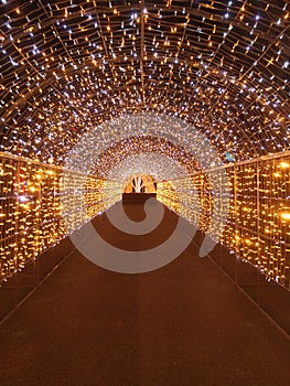 Christmas lights tunnel with alternating warm and white light, having a starry night effect