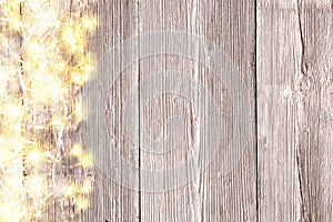 Christmas Lights on Wooden Background, Xmas Decoration on Wood Planks