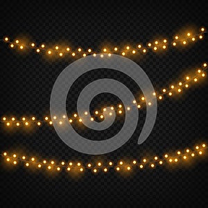 Christmas lights. Xmas realistic glowing golden light holiday decoration. Garland with lightbulbs. Isolated vector set