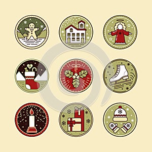 Christmas Line art Icon Set with Ginger, Snow House, Angel, Sock, Mistletoe, Skate, Gifts, Hat, Mittens and Candle in