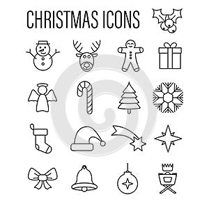 Christmas line icon set vector. holiday season outline symbol. gift, snowman, tree, sock, snow, deer, angel, bell, candy, santa,