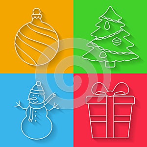 Christmas line icons: Christmas ball, Christmas tree, snowman, gift box