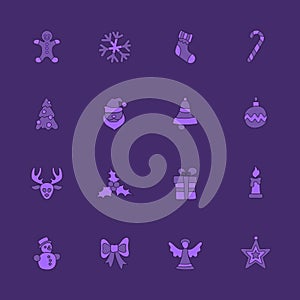 Christmas linear icon set on violet