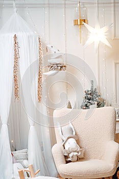 Christmas living decor with curved furniture, christmas tree and wreath,