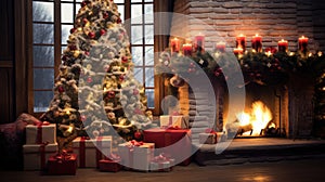 Christmas living room with brick walls interior. Fireplace, decorated New Year tree, candles and gift boxes