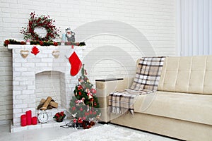 Christmas living room with a christmas tree and fire place presents under it - modern classic style, new year concept