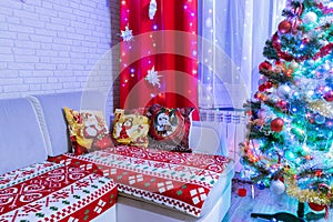 Christmas living room with a colorful decorated Christmas tree