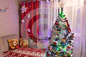 Christmas living room with a colorful decorated Christmas tree