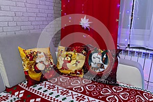 Christmas living room with a colorful decorated Christmas tree