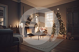 Christmas living room with a decorated tree, warm fireplace, stockings hanging, and soft, twinkling lights, evoking a sense of