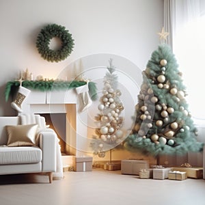 Christmas living room interior with Christmas tree, fireplace and gifts. 3d render