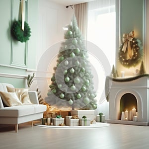 Christmas living room interior with a Christmas tree, fireplace and gifts. 3d rendering