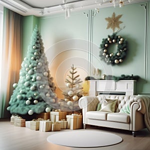 Christmas living room interior with Christmas tree and gifts. 3d render