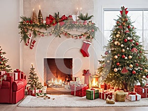 Christmas living room interior with Christmas tree, gifts and fireplace, postcard