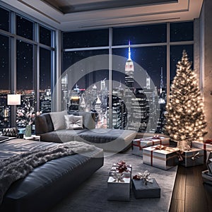 Christmas living room interior with a Christmas tree and presents. Panoramic window overlooking New York at night.