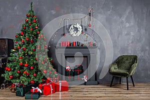 Christmas living room interior design with xmas tree decorated garland and ball, presents, gifts, fireplace and candles