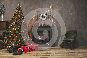 Christmas living room interior design with xmas tree decorated garland and ball, presents, gifts, fireplace and candles