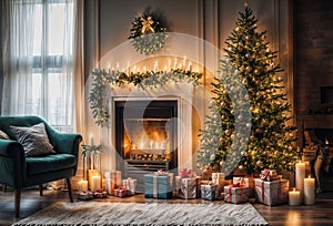 Christmas living room interior with fireplace, Christmas tree and presents. Winter holiday concept.