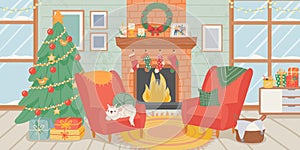 Christmas living room interior. New year home decoration, xmas tree with gift boxes, dog and fireplace with socks. Cozy winter